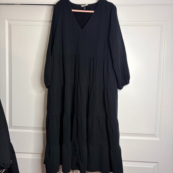 Universal Thread Black Cotton Gauze Long Sleeve midi tiered dress pockets 1X - Picture 3 of 15